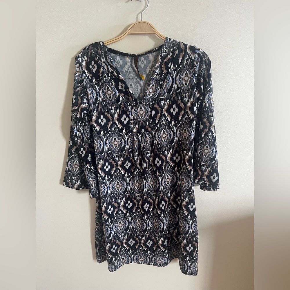 Jean-Pierre Klifa Dress 3/4 Sleeve Brown Blue Abstract Print Size S Spring Light